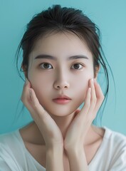 Wall Mural - Portrait of a Young Asian Woman with Her Hands on Her Cheeks