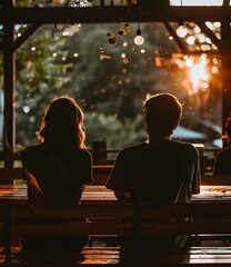 Wall Mural - Couple Silhouettes Sitting On Bench At Sunset