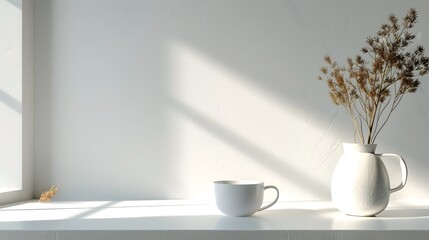 Sticker - Minimalist White Room with Flower Vase Ideal for Product Photography and Home Goods Display