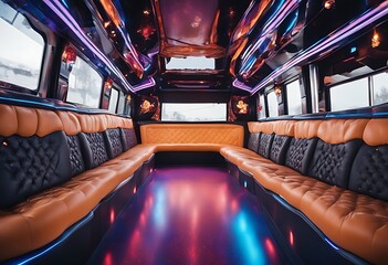 big bus comfortable party ed floor fill shiny seats bright having dancing fun computer monitor screen seat curtain air conditioner cup lighting equipment music window