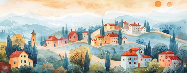 Wall Mural - Scenic watercolor painting of a Tuscan village with rolling hills, vibrant buildings, and picturesque countryside landscape.