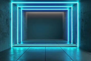 Wall Mural - Empty rectangular room illuminated by blue neon lights, ideal for product placement. Modern, futuristic interior design concept.