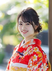 Wall Mural - Smiling Japanese Woman in Traditional Red Kimono with Floral Pattern