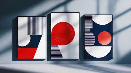 Canvas Print - Set of three modern abstract wall art panels with geometric shapes in red, white, and blue colors 