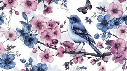 Wall Mural - A blue bird is perched on a branch of pink flowers