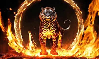 Poster - tiger with flame on black background