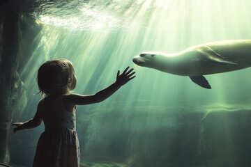 A adorable child is watching a swimming sea lion through a glass panel in an aquarium in a zoo, sun beaming through water