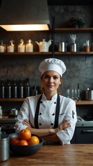 young woman chef on office background with copy space portrait