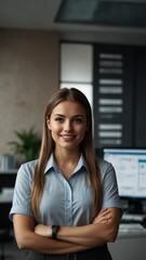 young woman receptionist on office background with copy space portrait