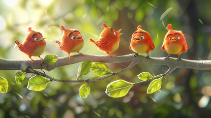 Wall Mural - 3D cute cartoon birth on tree branches. wallpaper cartoon bird. 3D cute bird