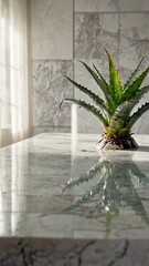 Canvas Print - aloe vera leaves on luxurious white marble table countertop in kitchen background ad concept copy space