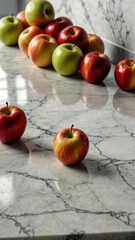 apples on luxurious white marble table countertop in kitchen background ad concept copy space