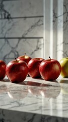 Canvas Print - apples on luxurious white marble table countertop in kitchen background ad concept copy space