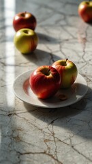 Wall Mural - apples on luxurious white marble table countertop in kitchen background ad concept copy space