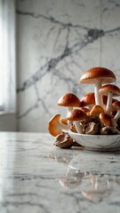 Canvas Print - mushrooms on luxurious white marble table countertop in kitchen background ad concept copy space