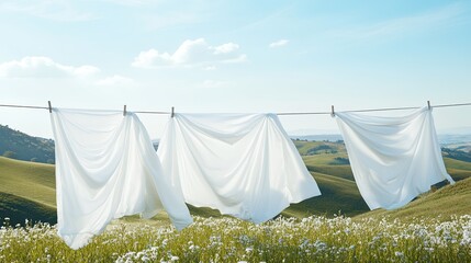 Wall Mural - Fresh bedsheets and pillowcases billowing on a clothesline against a backdrop of rolling hills and blue sky, with ample space for text.