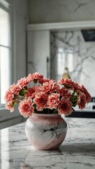 Canvas Print - pink flowers on vase on luxurious white marble table countertop in kitchen background ad concept copy space