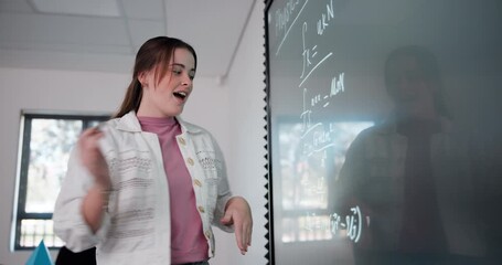 Fototapete - Teaching, math and pointing of board, woman and explaining of equations, smile and talking in school. College, tutor and internship of person with knowledge, show and education in classroom and work