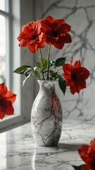 Wall Mural - red flowers on vase on luxurious white marble table countertop in kitchen background ad concept copy space