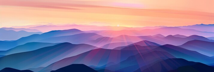 Wall Mural - Sunrise Landscape Flat Illustration, Color Dawn in Mountains, Sunset Sun Beams Landscape