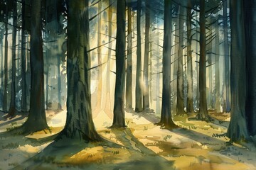 Aufkleber - Misty morning sunlight filters through golden foliage in a tranquil autumn woodland