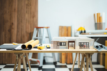 Wall Mural - Profession concept with architect desk and tools on a wooden table. Architect concept.