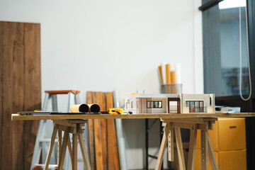 Wall Mural - Profession concept with architect desk and tools on a wooden table. Architect concept.