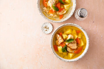 Wall Mural - Homemade salmon soup with vegetables