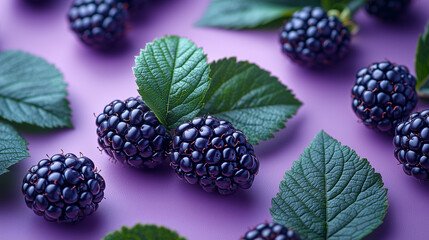 Wall Mural - Pattern of blackberries and leaves on a purple background 