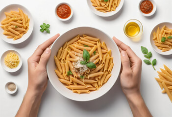 Top view of both hand holding pasta in white bowl