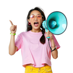 A woman in a pink shirt is holding a microphone and pointing to the camera. Concept of energy and positivity