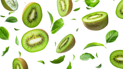 Canvas Print - kiwi fruit with half slices and green leaves isolated on transparent white background, clipping path