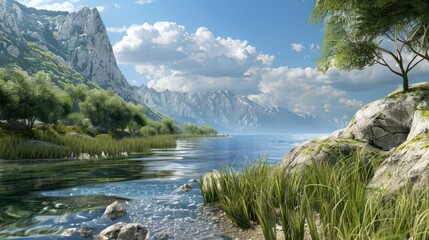 Wall Mural - Breathtaking Mountain Lake Landscape with Tranquil Waters and Lush Greenery