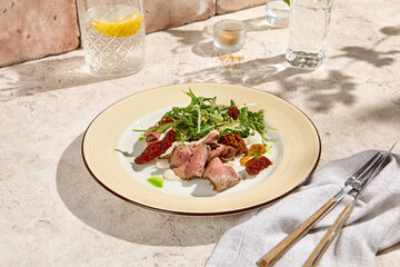 Canvas Print - Gourmet Roast Beef with Arugula, Sun-Dried Tomatoes, and Cheese Mousse in Natural Sunlight Still Life