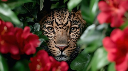 Wall Mural - Leopard peering through foliage