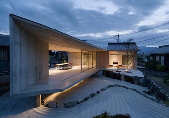 Poster - Modern Japanese House with Stone Garden and Minimalist Design