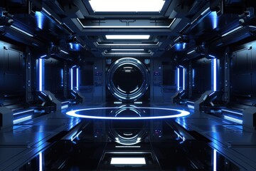 Wall Mural - Futuristic Sci-Fi Spaceship Interior with Blue Neon Lights and Central Platform