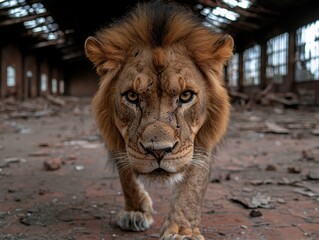 Canvas Print - Powerful lion with intense gaze in abandoned building