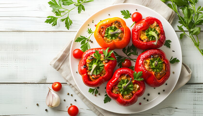 Wall Mural - Stuffed peppers on white plate on wooden table