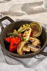 Wall Mural - Grilled Vegetables in Cast Iron Skillet - Sunlit Summer Outdoor Cooking Scene