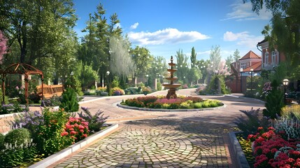 Poster - Beautiful Spring Garden with a Fountain