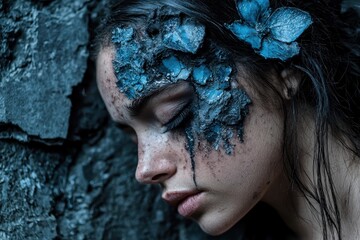 Poster - Artistic portrait of a woman with blue floral makeup