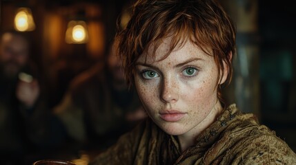 Sticker - Pensive young woman with freckles and green eyes