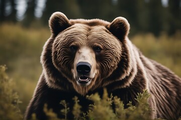 Poster - bush angry bear grizzly brown animal wild wildlife mammal fur nature portrait predator big dangerous head face danger growling roaring