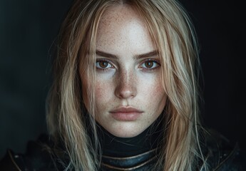 Sticker - Captivating portrait of a young woman with striking blue eyes and freckles