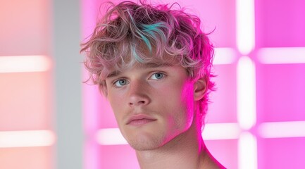 Wall Mural - Vibrant portrait of a young man with colorful curly hair