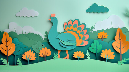 Paper cut design of turkey, colorful vibrant card for children, copy space banner