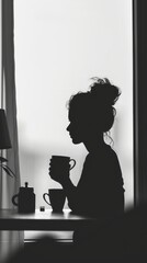 Wall Mural - Morning work routine in silhouette with a coffee cup.