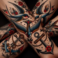 Sticker - Traditional tattoo designs like swallows and anchors close up ph