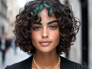 Canvas Print - curly-haired woman with green highlights